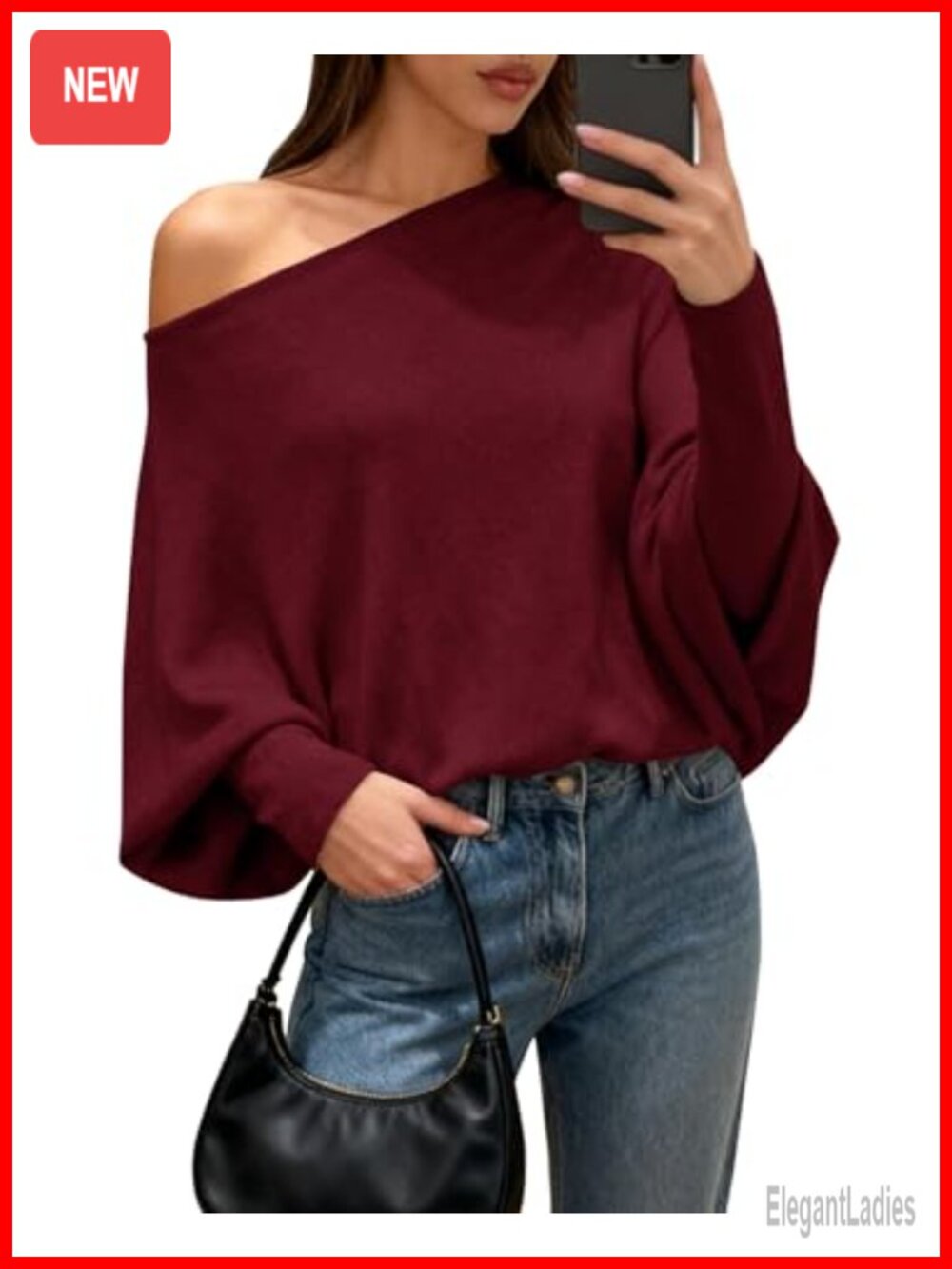 Womens Off The Shoulder Batwing Knit Sweater Loose Fit Pullover